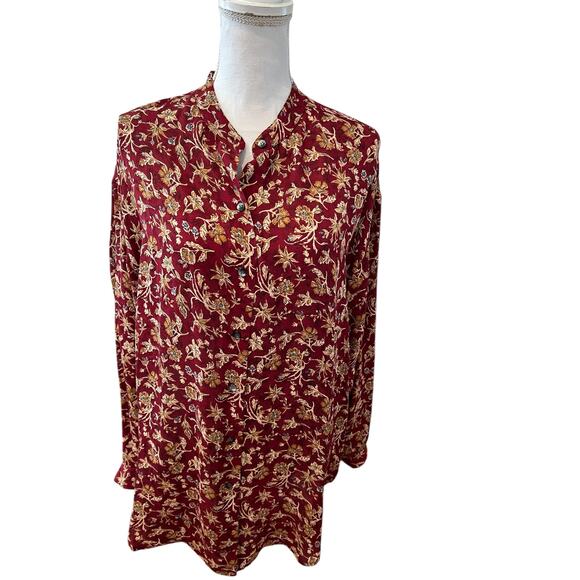 Vintage Anne Klein Maroon Silk Print Long Button Up Top M - Picture 1 of 6